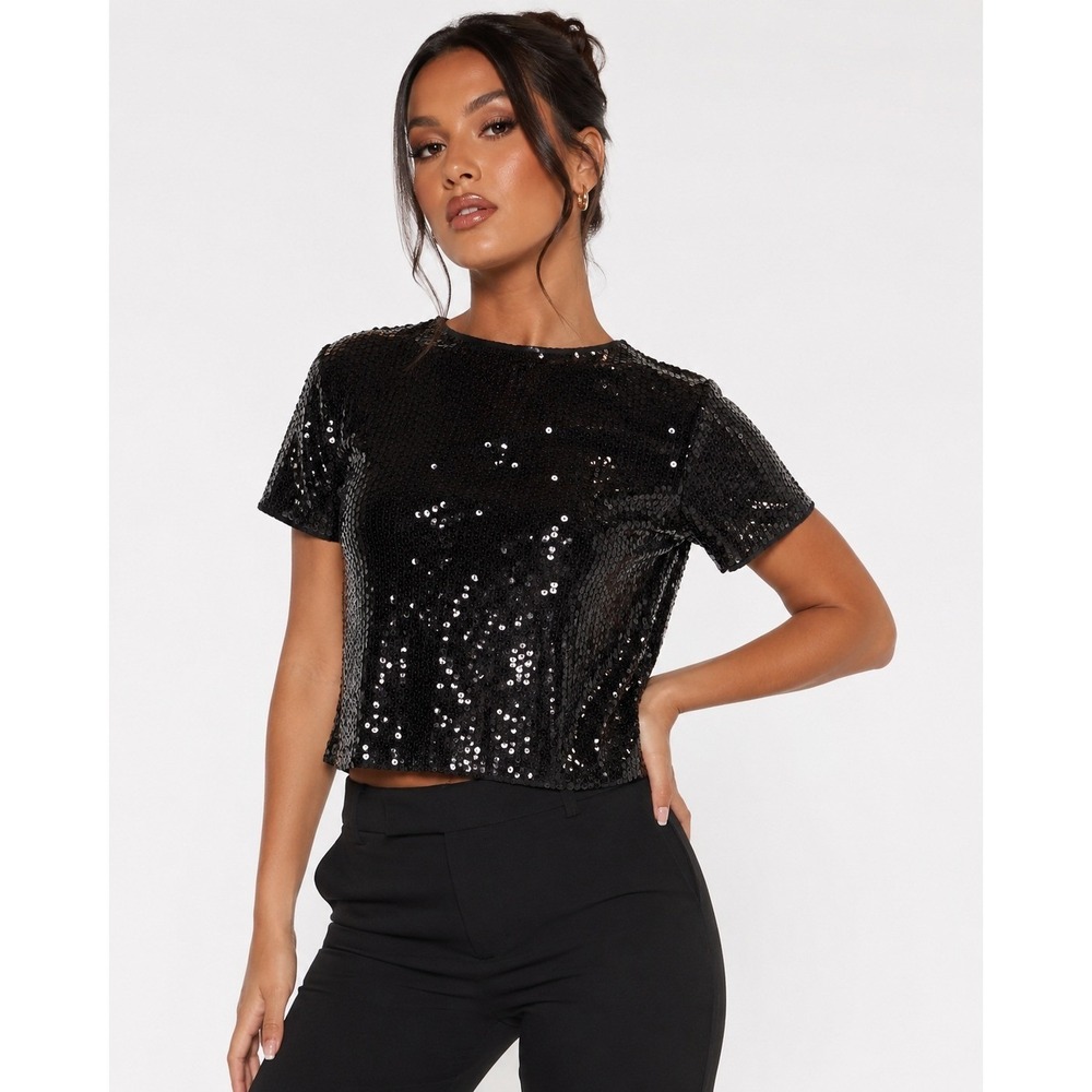 Judy Hornby Black Sequin Short Sleeve Top‎ Keyhole Back Vintage Style Size L NWT